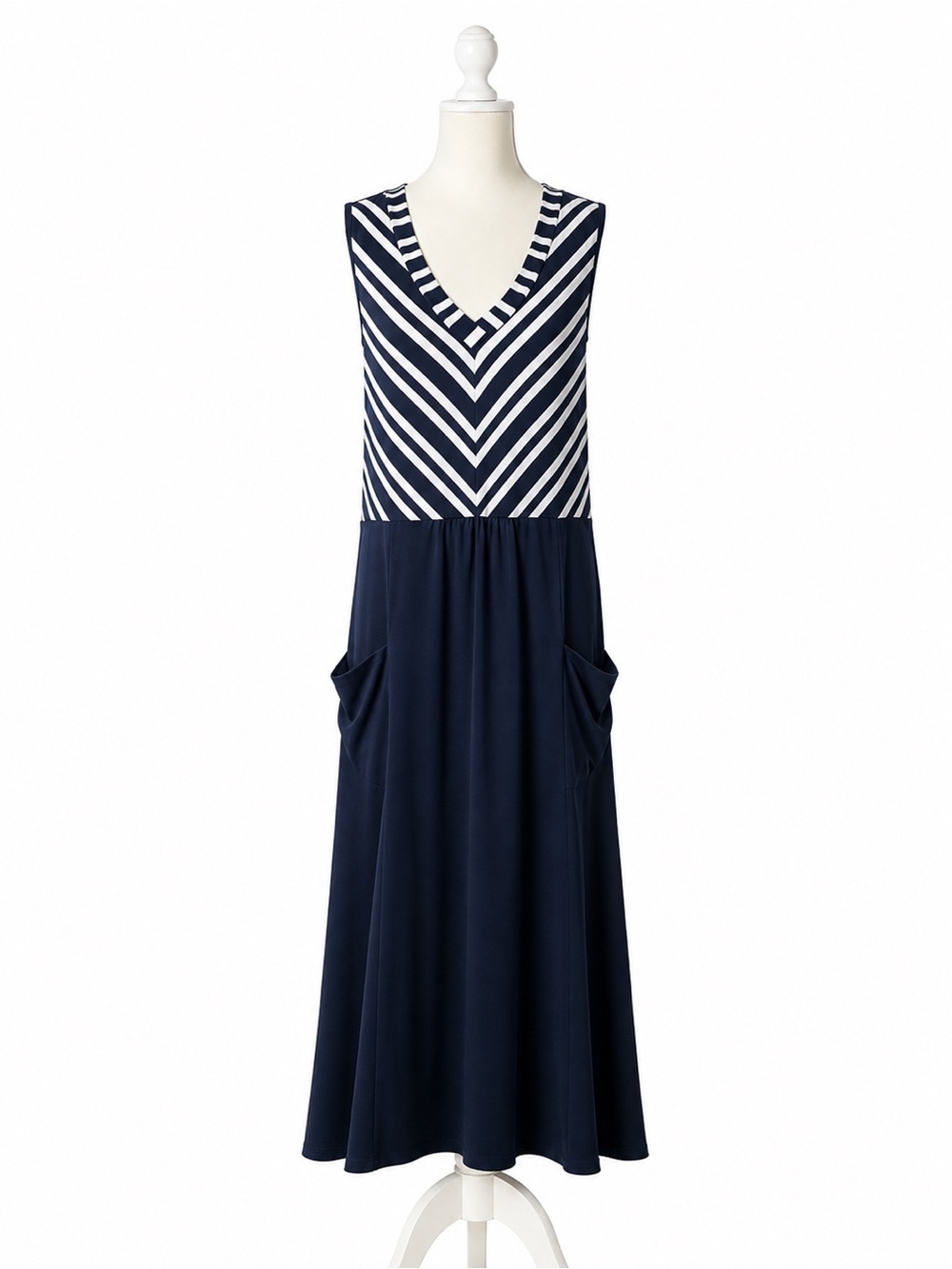Soft Focus Navy & White Striped Dress - Size L